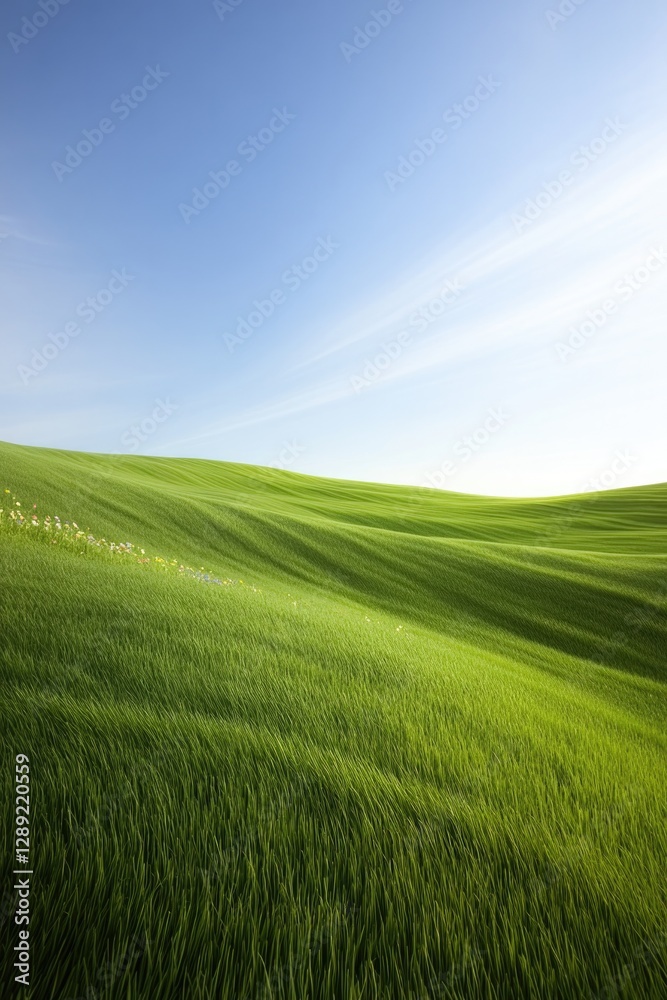 Vibrant green hills stretch under clear blue sky, creating seren Vibrant green hills stretch under clear blue sky, creating seren