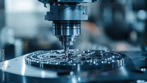 Industrial machine operates with precision, milling a detailed metal component in a workshop, showcasing advanced manufacturing technologies