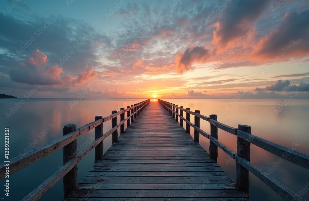 Fototapeta premium Long wooden pier stretches into calm sea, meeting colorful horizon at sunset. Scenic seascape with clouds reflecting vibrant colors. Beautiful breakwater pier over tranquil water, summer vacation