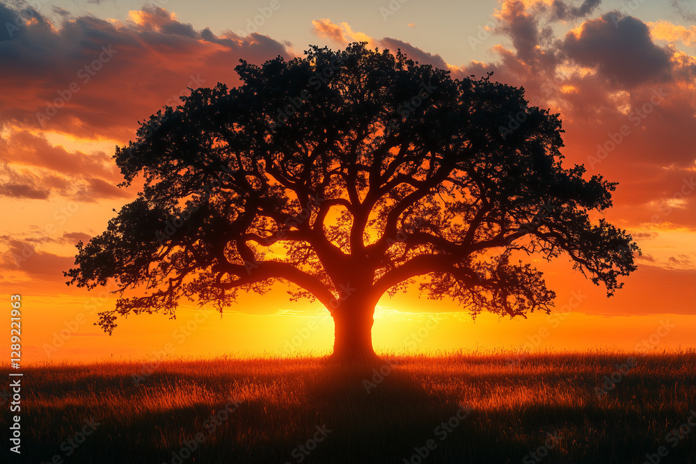 Silhouette of a Majestic Tree Against a Vibrant Orange Sunset Sky Over a Field Silhouette of a Majestic Tree Against a Vibrant Orange Sunset Sky Over a Field