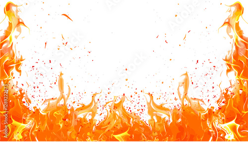 Vector hot fire frame, orange flame border, burning effect, heat wave frame, fiery glow edge, blaze outline, inferno border, flaming backdrop, ember sparks, warm light frame