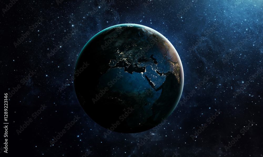 Fototapeta premium Panoramic view of the Earth, sun, star and galaxy. Sunrise over planet Earth, view from space. Elements of this image furnished by NASA