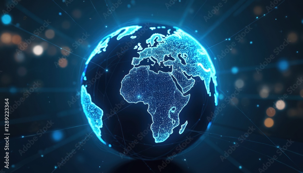 Glowing digital Earth with network connections global communication, tech, data transfer. Cyberspace sphere with continents, oceans illuminated by blue light, dots, particles on dark background. Glowing digital Earth with network connections global communication, tech, data transfer. Cyberspace sphere with continents, oceans illuminated by blue light, dots, particles on dark background.