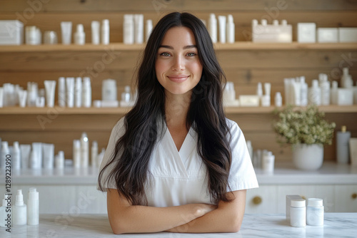 Happy successful young woman cosmetologist, standing behind the counter at the beauty clinic. Portrait of processional beautician photo