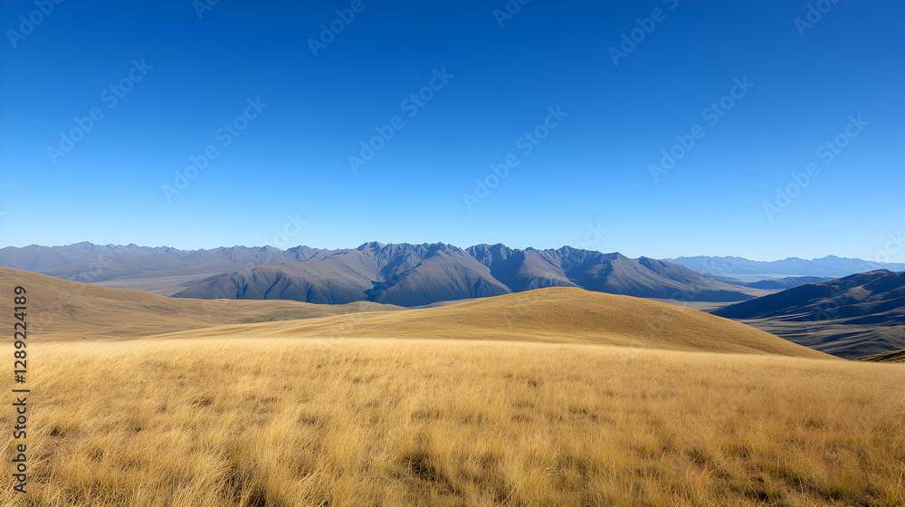 A breathtaking view of expansive golden grasslands stretching towards majestic mountain ranges under a clear blue sky, showcasing the beauty of untouched natural landscapes. A breathtaking view of expansive golden grasslands stretching towards majestic mountain ranges under a clear blue sky, showcasing the beauty of untouched natural landscapes.