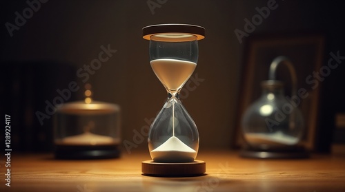 Glass hourglass on a table next to two other glass containers