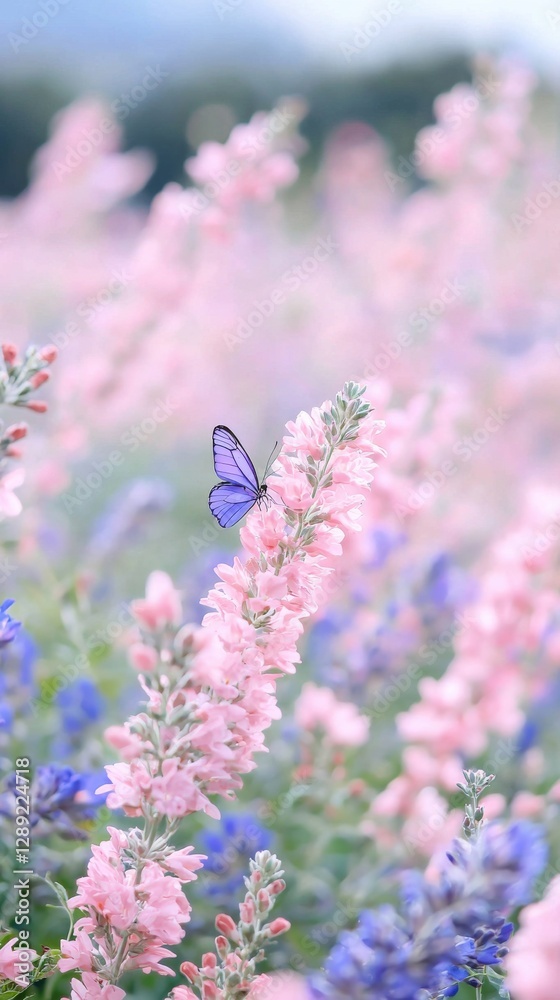 Obraz premium Delicate butterfly on vibrant pink and blue flowers nature scene outdoor garden close-up view natural beauty