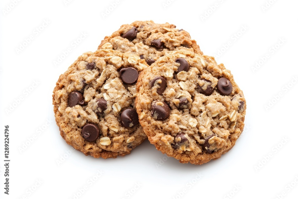 Delicious Oatmeal Chocolate Chip Cookies: Four Tempting Biscuits Perfectly Arranged on a White Background Delicious Oatmeal Chocolate Chip Cookies: Four Tempting Biscuits Perfectly Arranged on a White Background