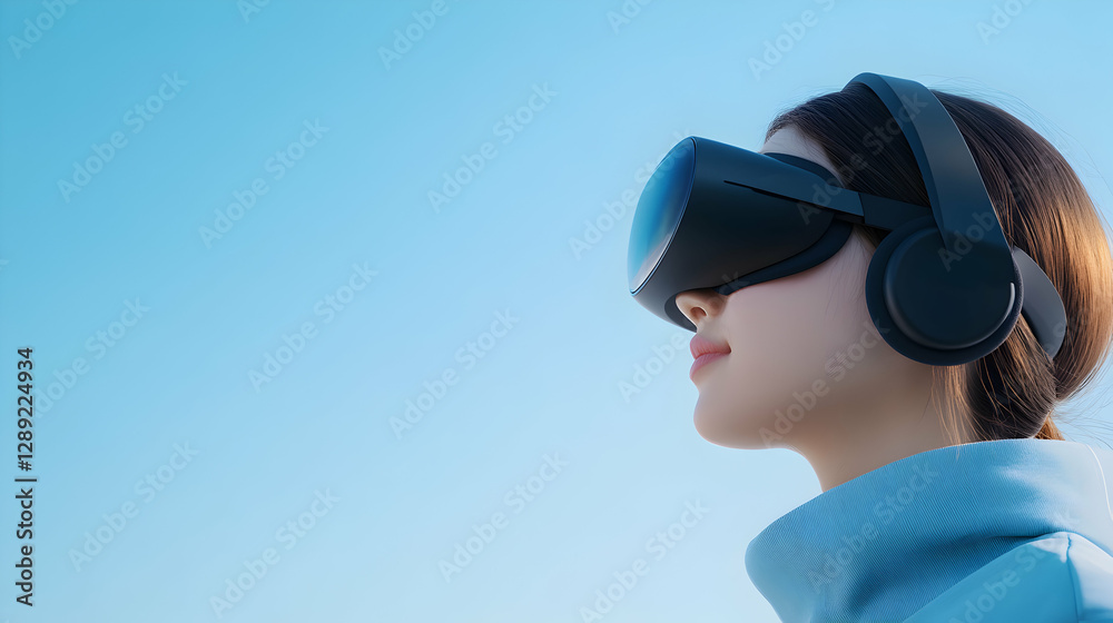 A young woman experiences virtual reality using advanced VR headset and headphones against a clear blue sky, showcasing the innovative fusion of technology and personal entertainme A young woman experiences virtual reality using advanced VR headset and headphones against a clear blue sky, showcasing the innovative fusion of technology and personal entertainme