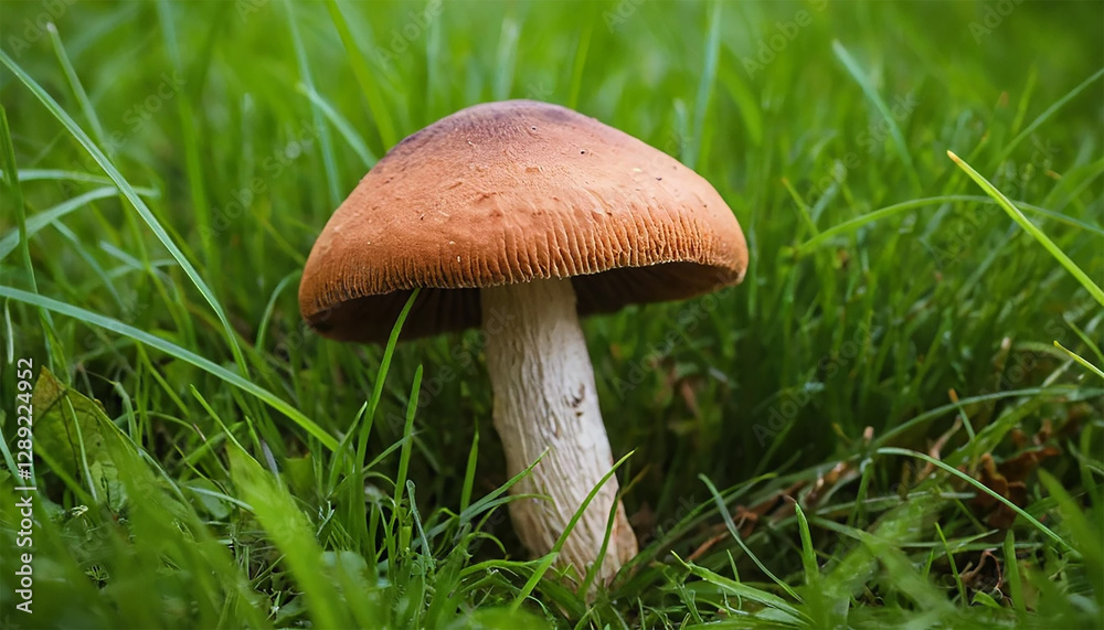 A solitary mushroom rises amidst lush green grass, showcasing its unique shape and color in a natural setting. A solitary mushroom rises amidst lush green grass, showcasing its unique shape and color in a natural setting.