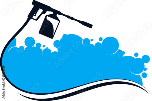 Power wash gun symbol with blue water bubbles