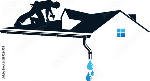 Roofer silhouette with tool on house roof, repair and service sign