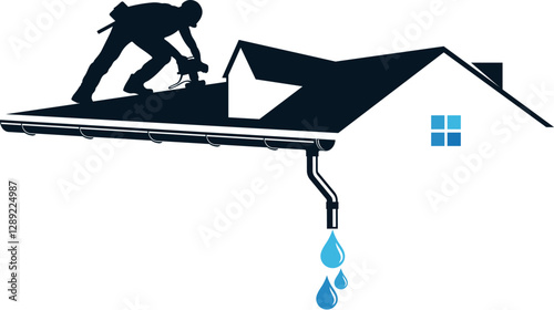 Roofer with tool on roof of house, repair and service sign