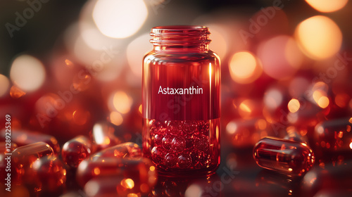 Bright red astaxanthin capsules displayed in a clear jar surrounded by additional capsules on a blurred background creating a vibrant atmosphere photo