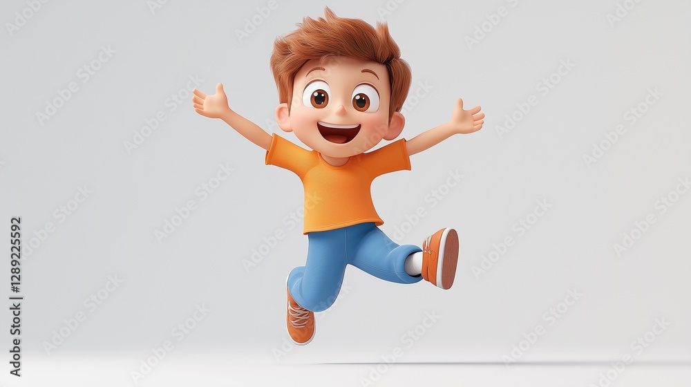 Joyful Cartoon Boy Leaping and Celebrating with Open Arms in MidAir Joyful Cartoon Boy Leaping and Celebrating with Open Arms in MidAir