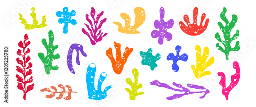 Coral crayon icon, seaweed colorful chalk set. Underwater plant, cartoon organic shape, cute sea grunge doodle. Marine floral collage isolated on white background. Tropical vector illustration