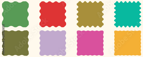 Set of frames with zigzag edge, scallop edge Vector shape. Geometric zig zag wavy stickers. oval and square scalloped frames. Isolated elements for design of text box, badge, banner.
