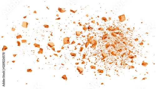 Vector cookie pieces, pile cake crumbs flying, isolated on white, clipping path, biscuit chunks, dessert fragments, crispy pastry, broken cookie bits, crunchy snack