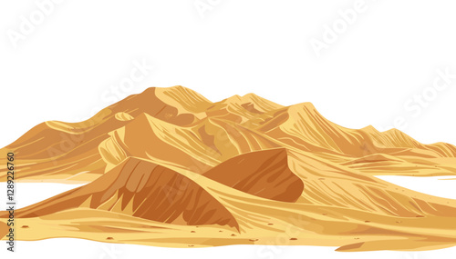 Vector sand pile, desert dune isolated, white background, clipping path, wind-sculpted sand, natural landscape, arid ground, golden terrain, fine grains, remote desert, sandy hills,