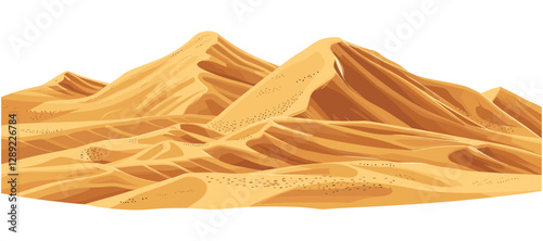 Desert sand pile, vector dune isolated, white background, clipping path, wind-blown sand, arid scenery, realistic desert shape, golden dust, soft dunes, dry land, natural formation