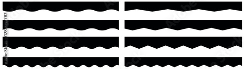 Scalloped edge seamless Vector set. Simple scalloped border. Fabric laces silhouette. borders and dividers. Texture ribbons. Vector illustration isolated on white background. 