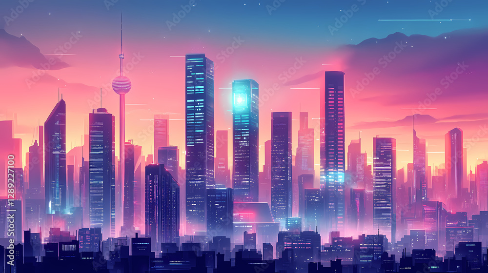 Fototapeta premium Beautiful futuristic cityscape dominated by towering ai-powered buildings. AI-Powered Cityscape. Illustration