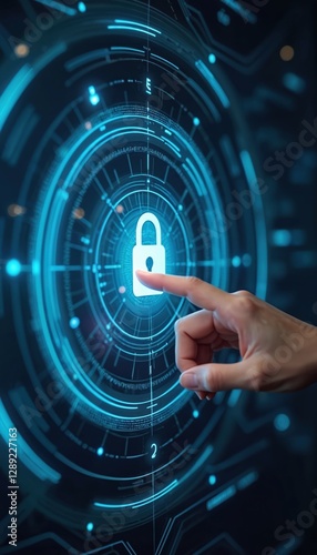Image shows user authorization, password authentication in security awareness with digital interface. Finger clicks on lock. Data protection, privacy tech, verification software, network encryption,