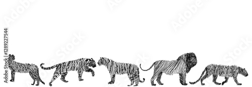 Canvas Print Hand-drawn scribble-style illustration of a lion, tiger, and other big cats