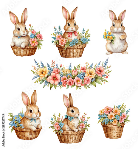Set of watercolor cute Easter rabbits and design elements flowers. Easter bunny, eggs and flowers. Vector illustration.