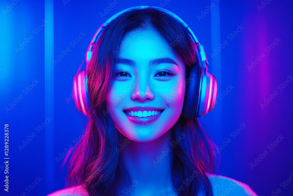 A smiling Asian girl with headphones on her head, captured in a futuristic high-tech style, exuding youthful energy and modern elegance, the pleasure of listening to music or studying