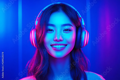 Obraz na płótnie A smiling Asian girl with headphones on her head, captured in a futuristic high-tech style, exuding youthful energy and modern elegance, the pleasure of listening to music or studying w salonie