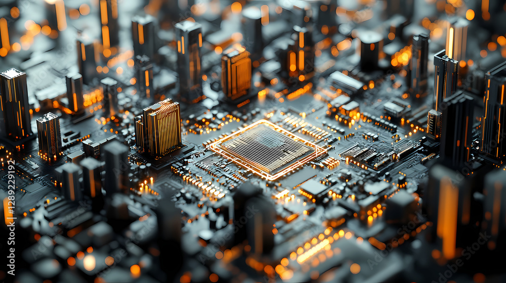 Intricate 3d rendering of microchip embedded in a transistor board resembling smart city landscape, symbolizing ai-powered urban management. AI-Powered Cityscape. Illustration