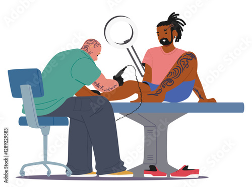 Bald man tattoo master drawing on client leg skin new ornament using professional electric machine