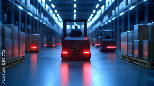 A high-tech warehouse scene showcasing electric forklifts transporting pallets photo