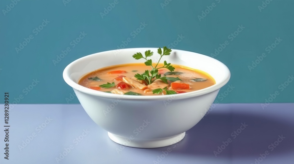 Cream soup in a white bowl, with colorful vegetables and greens, solid blue background, studio lighting, fresh and appetizing look Cream soup in a white bowl, with colorful vegetables and greens, solid blue background, studio lighting, fresh and appetizing look