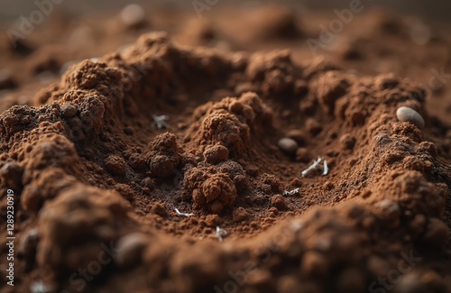 Close-up of brown soil with lumps of earth. Soil texture background for agriculture, nature themes. Arid ground, clay, mud, grunge surface. Natural pattern, gardening, organic farming, soil science. photo