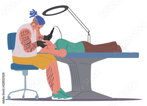 Talented tattoo artist drawing ink picture permanent adornment on bald client head cartoon scene