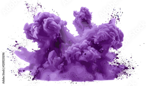Purple powder explosion, abstract smoke, fog particles, purple splatter, explosion burst, purple explosion isolated, powder dust, explosive effect, purple smoke particles