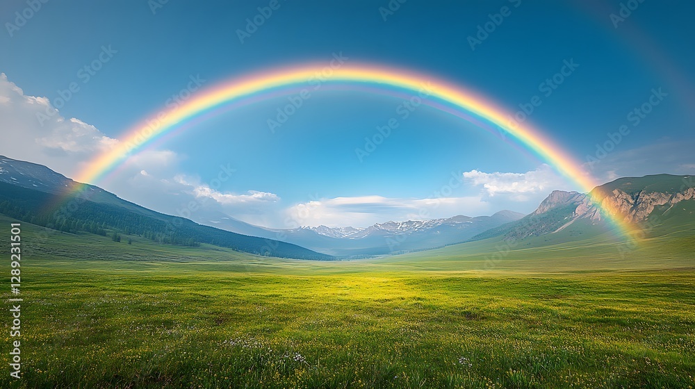 An Enchanting Rainbow Creating a Colorful Arched Path Over a Picturesque Green Valley and Majestic Mountains An Enchanting Rainbow Creating a Colorful Arched Path Over a Picturesque Green Valley and Majestic Mountains