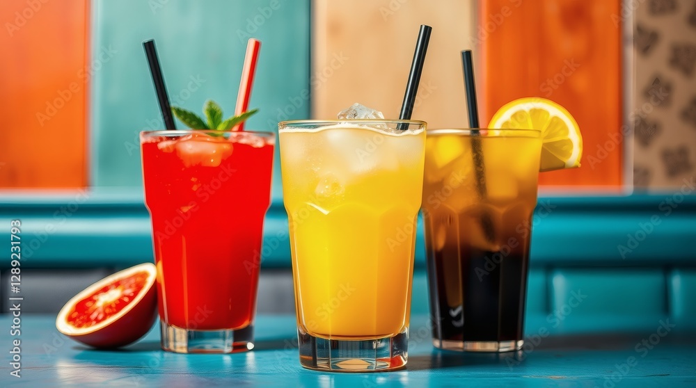 Refreshing Colorful Summer Drinks with Ice, Citrus, and Garnishes on Table Refreshing Colorful Summer Drinks with Ice, Citrus, and Garnishes on Table