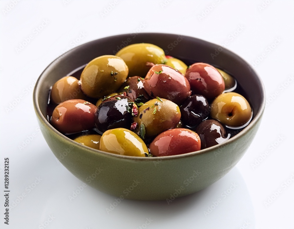 Fotografía de estudio profesional de un bol de olivas, aliñadas en aceite y especias, de fondo blanco, 4k, ultra realista. Fotografía de estudio profesional de un bol de olivas, aliñadas en aceite y especias, de fondo blanco, 4k, ultra realista.