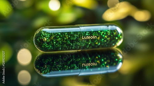 Bright green luteolin capsule reflecting light with a shiny surface surrounded by a soft, blurred background emphasizing health and wellness photo