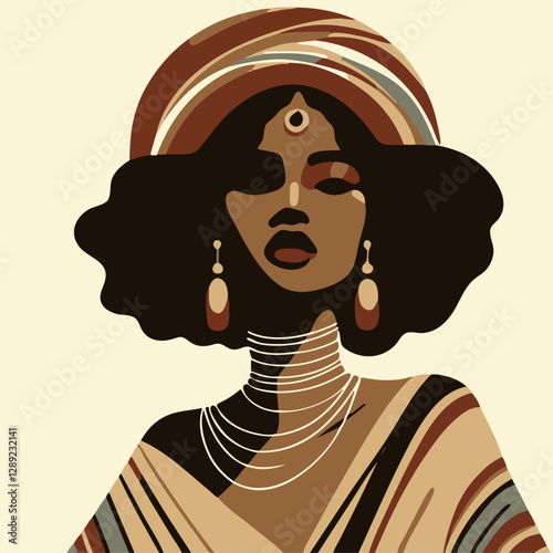 black woman in elegant 20's style clothes minimal serigraphy illustration vector