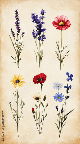 A vintage-inspired botanical illustration showcasing six wildflowers Lavender, Daisy, Bluebell, Poppy, Cornflower, and Edelweiss set against an old paper background, emphasizing clean minimalism