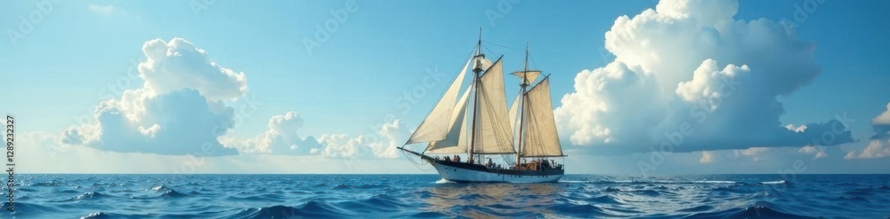 Frigate barque's sails fill with wind as it glides across the calm sea, ship, clouds Frigate barque's sails fill with wind as it glides across the calm sea, ship, clouds