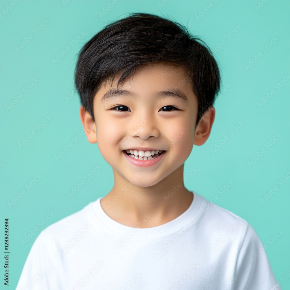 A happy Asian boy, smiling brightly against a solid-colored background, captured in a playful, commercial photography style, ideal for vibrant promotional materials A happy Asian boy, smiling brightly against a solid-colored background, captured in a playful, commercial photography style, ideal for vibrant promotional materials