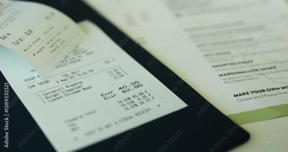 Cafe check with dish prices and final amount for provided services of public place. Bill with digits put on hard bill folder placed on restaurant paper menu Cafe check with dish prices and final amount for provided services of public place. Bill with digits put on hard bill folder placed on restaurant paper menu