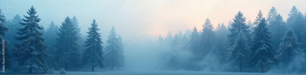 Misty forest with tall spruce trees covered in a fine layer of frost and fog, spruce, wet weather Misty forest with tall spruce trees covered in a fine layer of frost and fog, spruce, wet weather