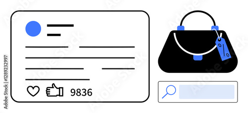 Black handbag with price tag displayed next to social media post showing thumbs ups and comments. Search bar for finding products. Ideal for e-commerce, social media marketing, fashion, online