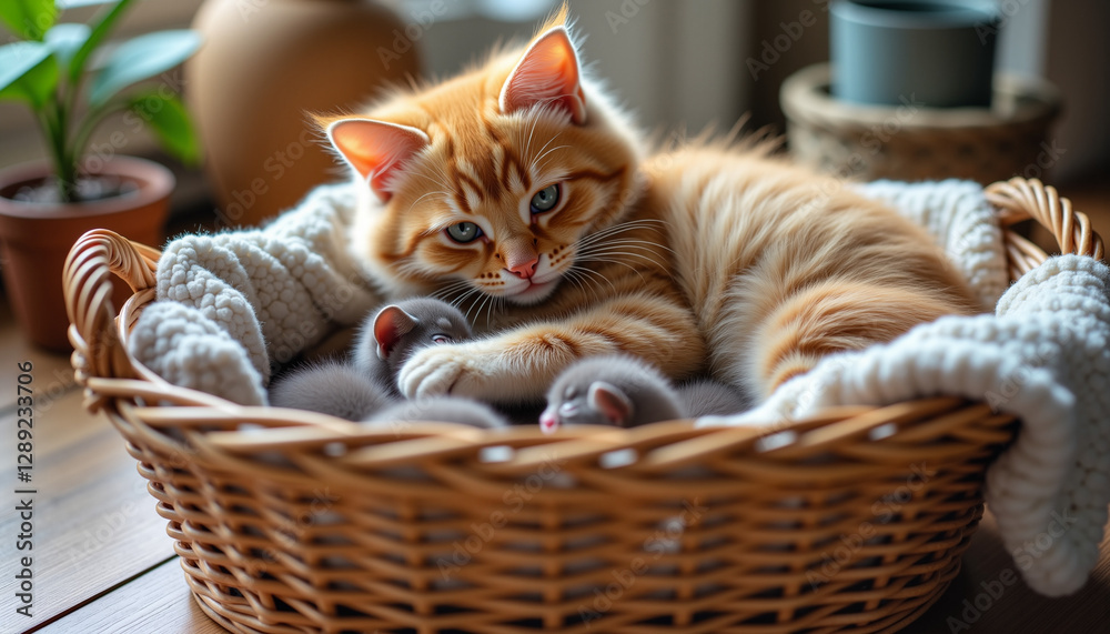 orange cat with a caring expression cuddling grey kittens in a cozy basket with a natural background